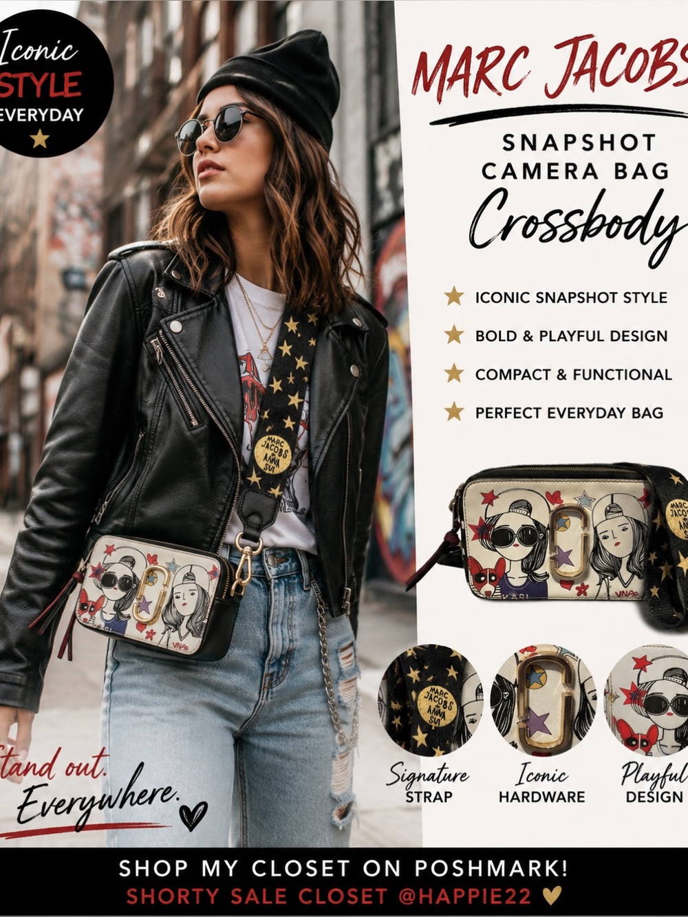 Marc Jacobs x Anna Sui Collab Graphic Snapshot Crossbody Bag with Star Strap